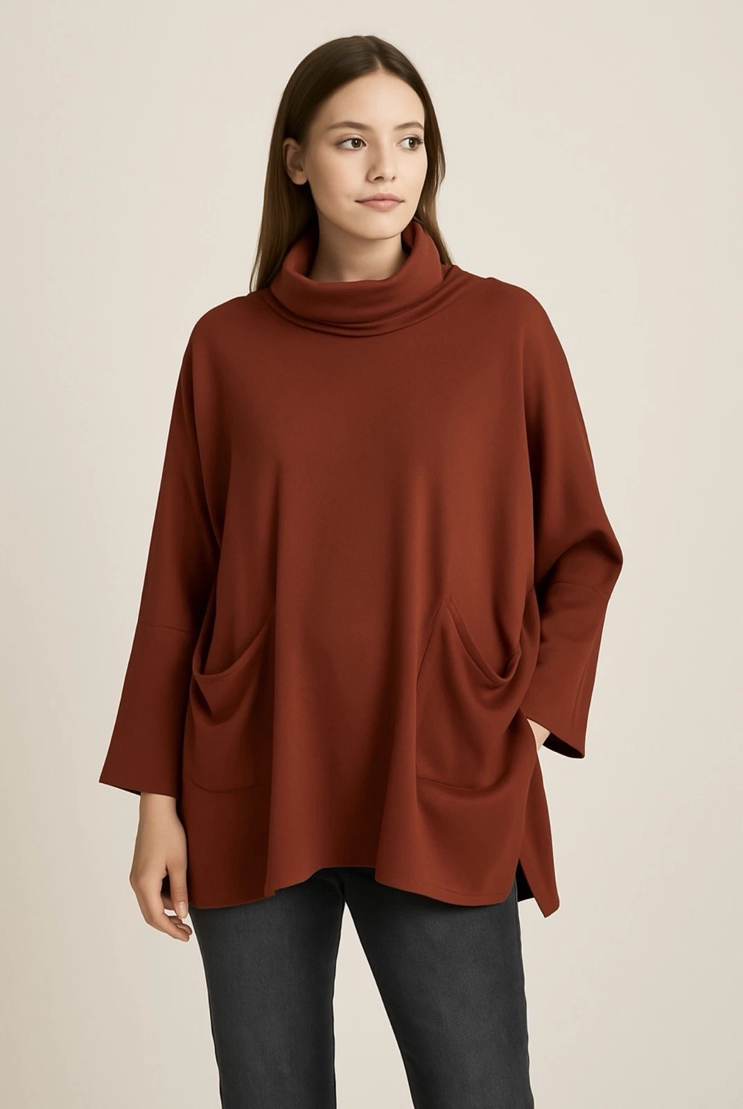 Tirelli Rolo Neck Oversized Long Sleeve 100% Cotton Jumper Poncho Lagenlook Rust