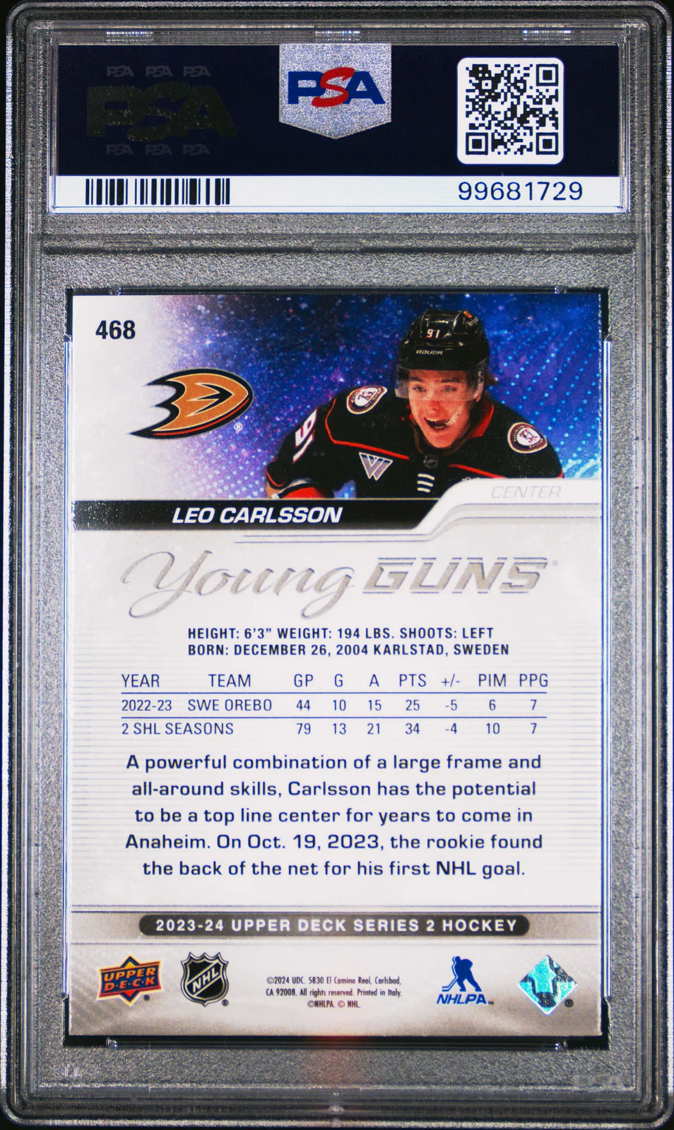 2023-24 Upper Deck Leo Carlsson #468 Young Guns Rookie PSA 9 view 2