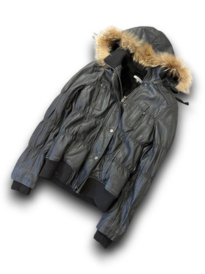 Vintage Leather Bomber Jacket LGB Style Fur Hood Archive Unisex Avant-Garde SWAG