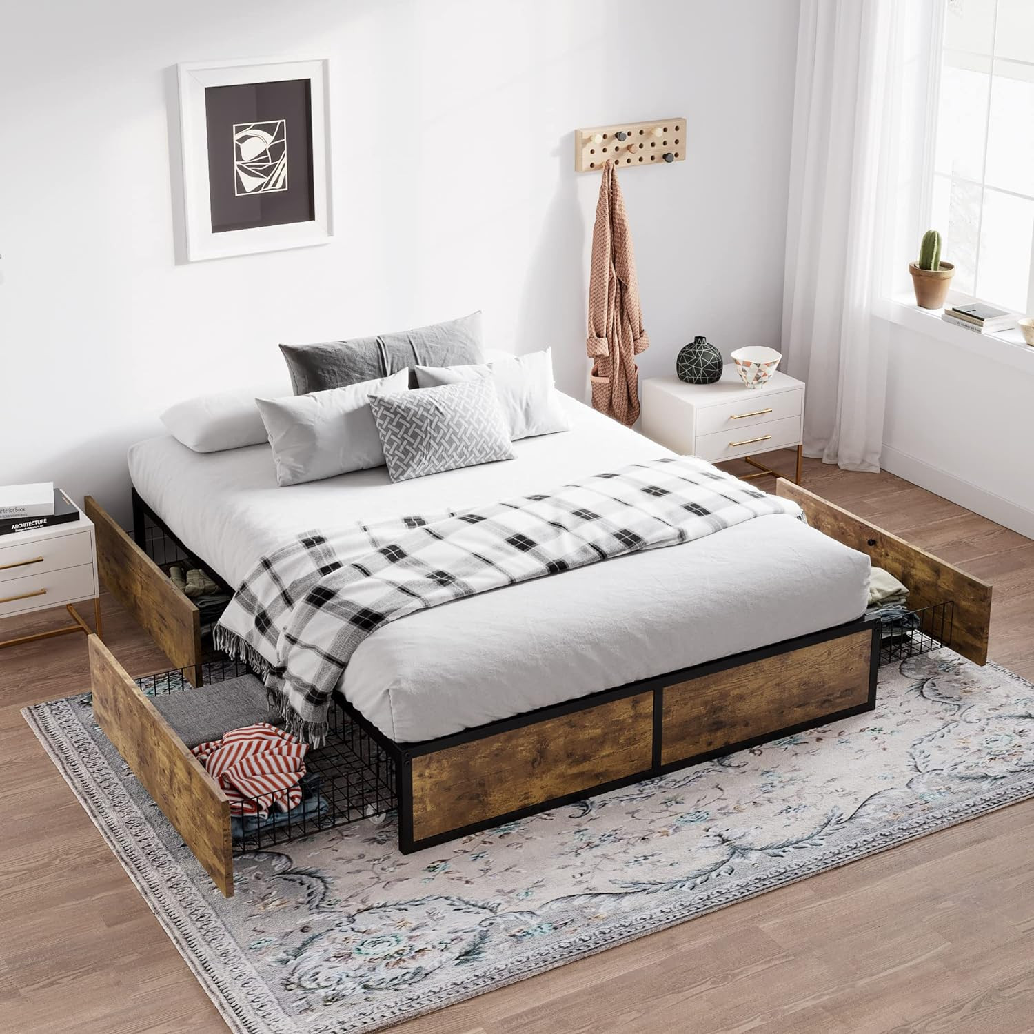 Full Size Bed Frame with Storage, 4 Extra Large Drawers on Wheels, Mattress F...