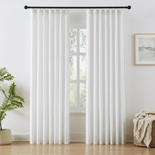 White Linen Curtains Pinch Pleated 102 Inch Length 2 Panels for Boho Farmhous...