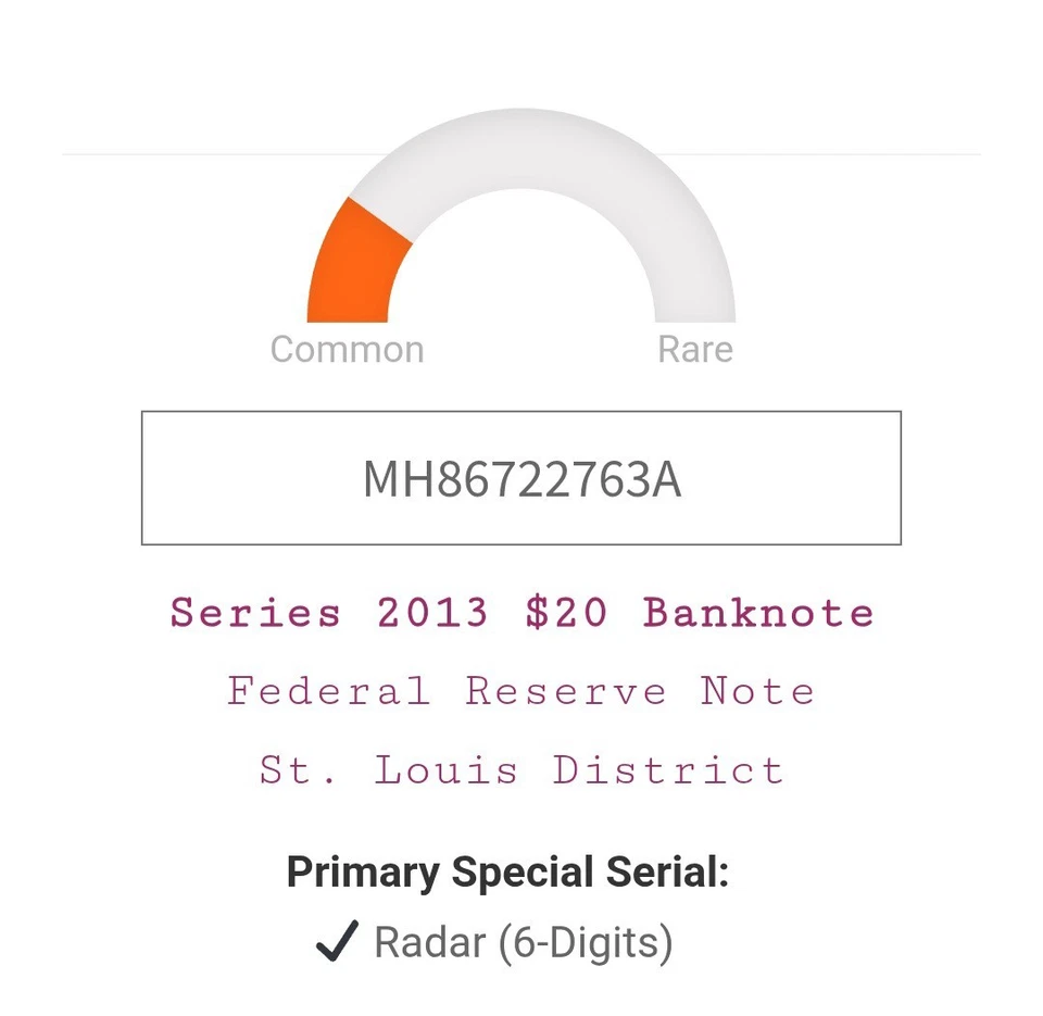 Fancy Serial Number $20 Dollar Bill 6 Digit Radar Note Series 2013 - Image 3 of 4