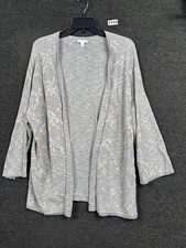 Pure Jill J Jill Open Cardigan Sweater Size L Gray Bronze Leaf Print 3/4 Sleeve