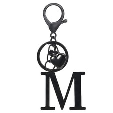 Heart Initial Letter Keychain, Stainless Steel Keyring Backpack Charm, Black m