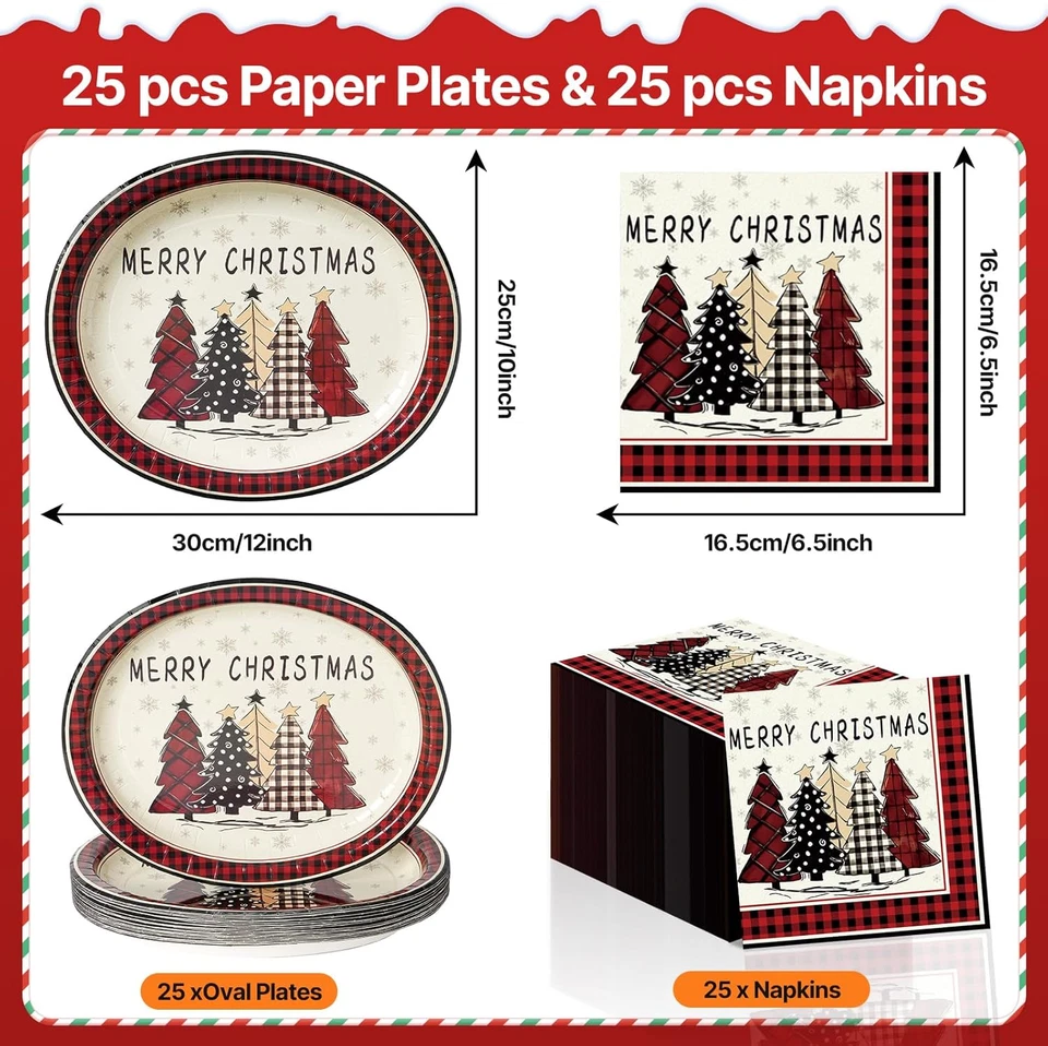 50 Piezas Navidad Grandes 12" X 10" Ovalados Papel Platos y Servilletas Desechables Pesados D Foto 2 de 4