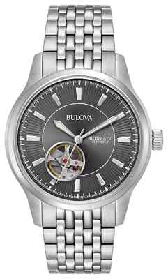 Bulova Mens Classic Automatic Skeleton Silver Stainless Steel Watch 40 MM 96A190