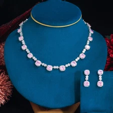 CZ Square Drop Necklace Earrings Costume Jewellery Set Cubic Zirconia for Women
