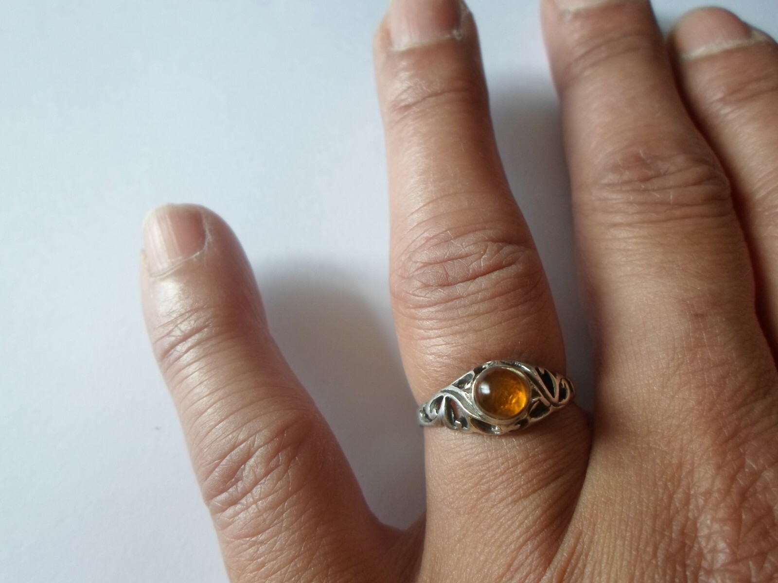 solid silver ring, openwork, honey amber pearl, s… - image 2