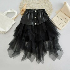 Kids Girls Faux Leather Skirt Mesh Patchwork Tutu Dress Tiered Punk Gothic