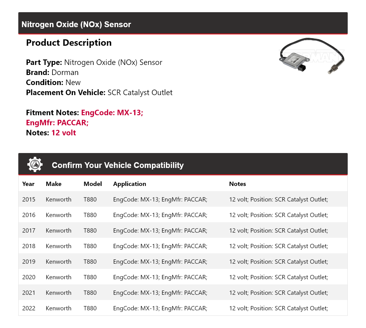For 2015-2022 Kenworth T880 Dorman Nitrogen Oxide (NOx) Sensor