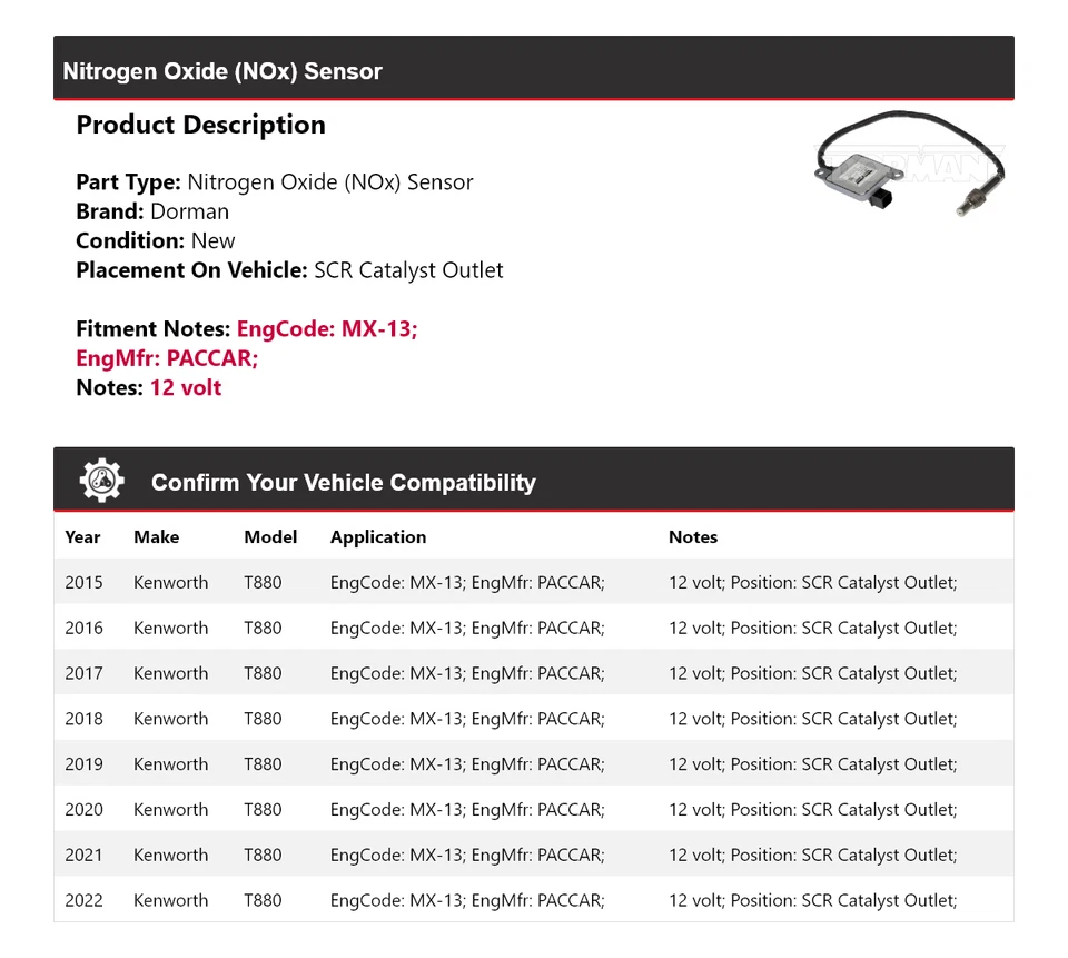 Sensor de óxido de nitrógeno (NOx) Kenworth T880 Dorman 2015-2022 2016 2017 2018 Foto 2 de 4
