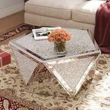 31.5" Mirrored Silver Coffee Table Crushed Diamond Tabletop Home Living Room