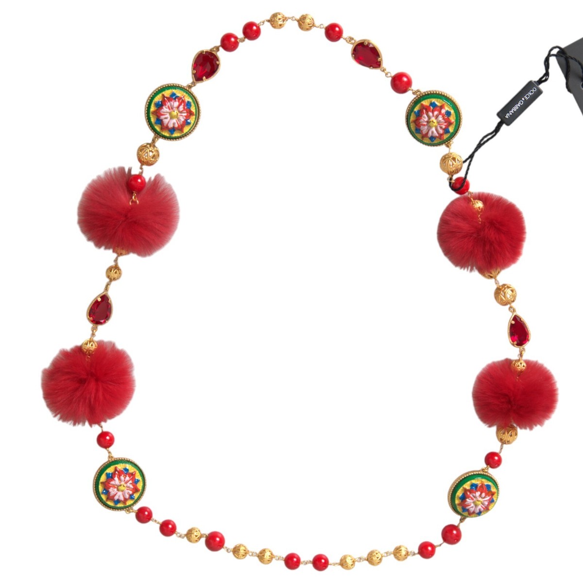DOLCE & GABBANA Necklace Gold Brass Red Fur Crystal Carretto