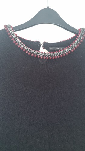 Zara Black Jumper Top Sweater Chain Beaded Embellished Collar Fine Knit L LARGE - Picture 9 of 11