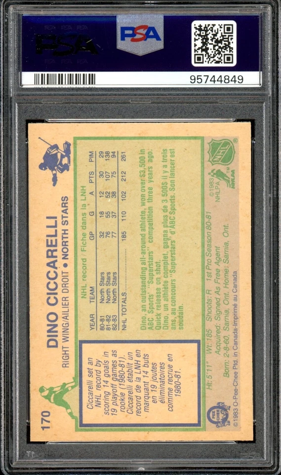 1983-84 OPC O-PEE CHEE NHL #170 Dino Ciccarelli HOF PSA 9 MINT Minn North Stars - Image 2 of 2