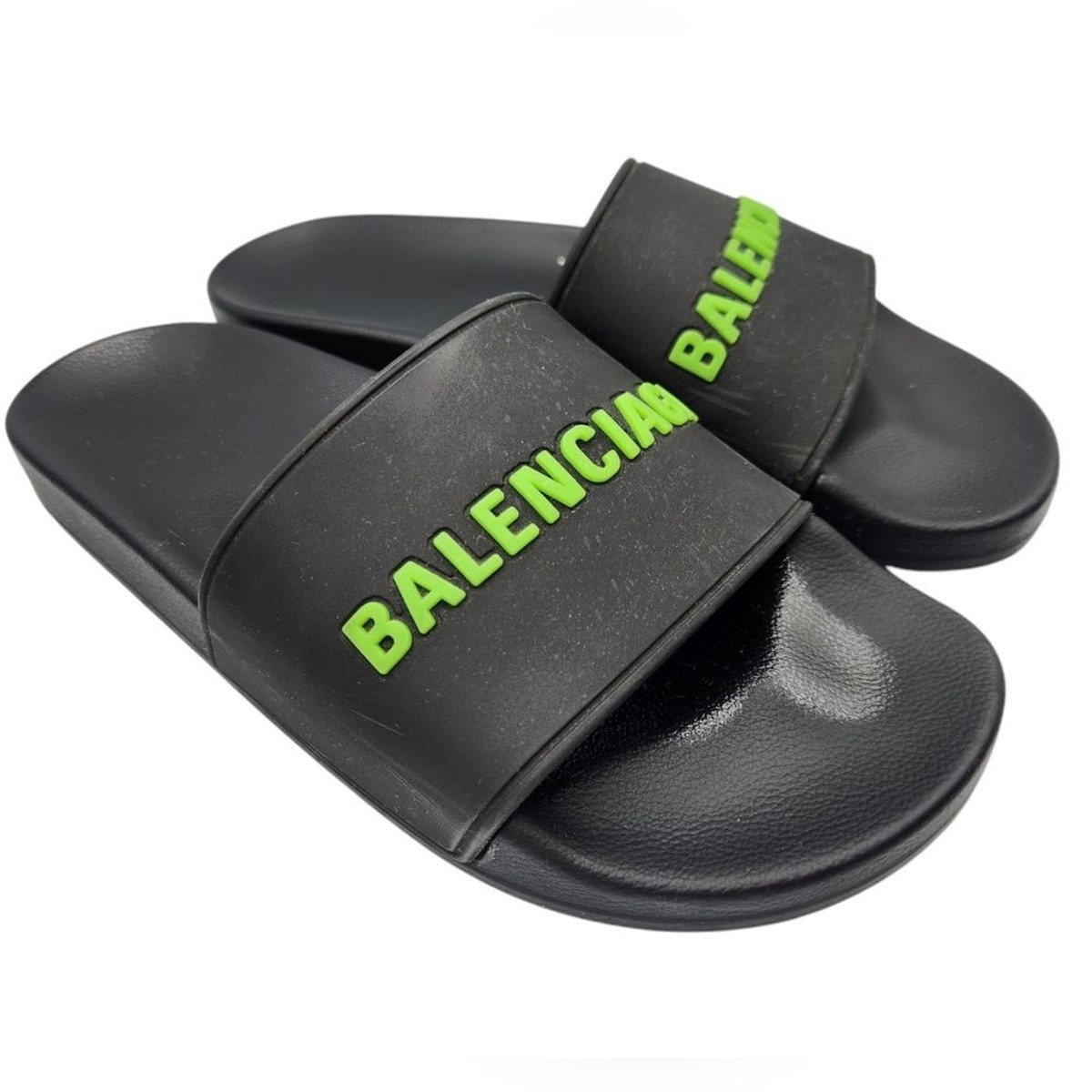 Balenciaga Women's Pool Slides Black Fluorescent Green Logo Size