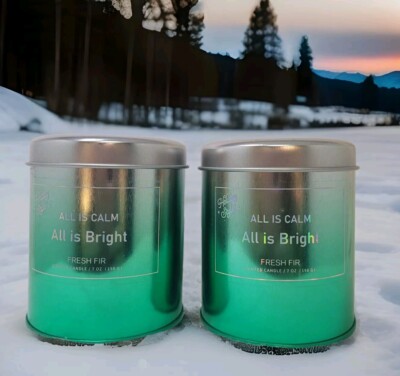 2 Holiday Style Fresh Fir ''All Is Calm'' '' All Is Bright'' Candles Iridescent Tin