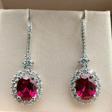 3.5Ct Oval Cut Red Ruby Diamond Halo Drop /Dangle Earrings 14K White Gold Finish