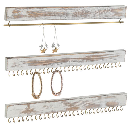 Whitewashed Wood Jewelry Rack, Wall Mounted Necklace & Earring Holder, Set of 3 - Picture 1 of 7