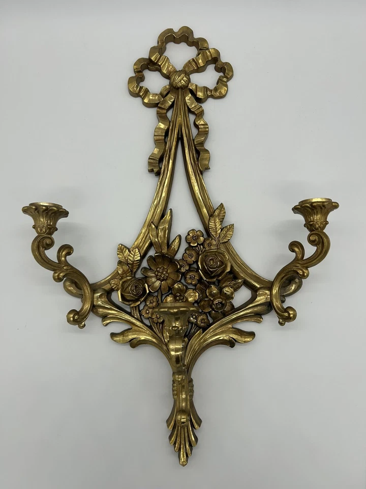Aplique de pared vela Holywood Regency Gold Syroco 3 brazos 26” x 16” 4092 Foto 2 de 4
