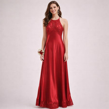 Y2K Morgan Co Lace Satin Red Maxi Dress XS/S Halter Keyhole Fairy Prom Romantic