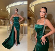 Spaghetti Straps Prom Dresses Beads Sequins Satin Formal Evening Gowns Green