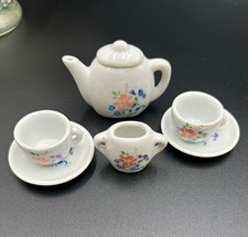 Vintage Miniature Porcelain Doll Child Tea Set Floral Teapot Cups Saucers
