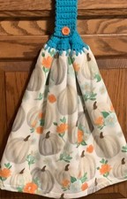 Double hanging kitchen towel fall autumn pumpkin flowers crocheted blue top