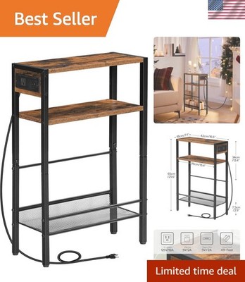 Small Narrow Side Table with Charging Station, Skinny End Table for Small Spa...