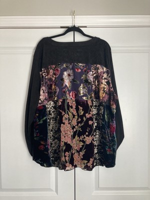 John Mark Top Women Size 3X Multicolor Patchwork Velvet Flowers Boho Artsy Sheer