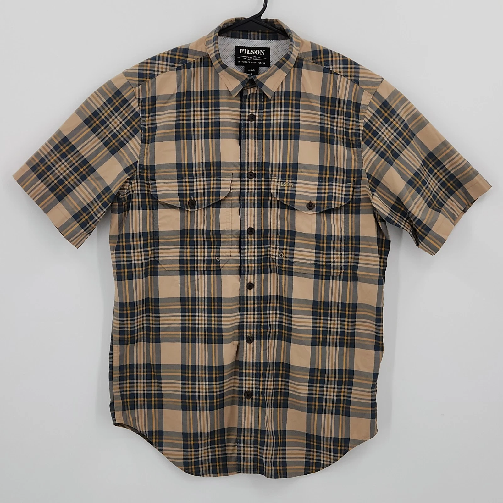 Filson Twin Lakes Shirt Small Tan Plaid Nylon Blend UPF 30+ Vented Fishing Hike