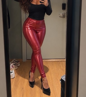 Damen Leggings Kunstleder Rot glänzend Knöchellänge Stretch unifarben Gr. S