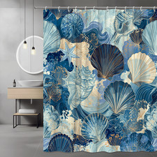 Navy Seashell Shower Curtain Coastal Shell Print Ocean Decor