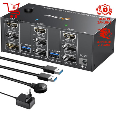 USB 3.0 KVM Switch 2 PC 3 Monitore 8K@60Hz