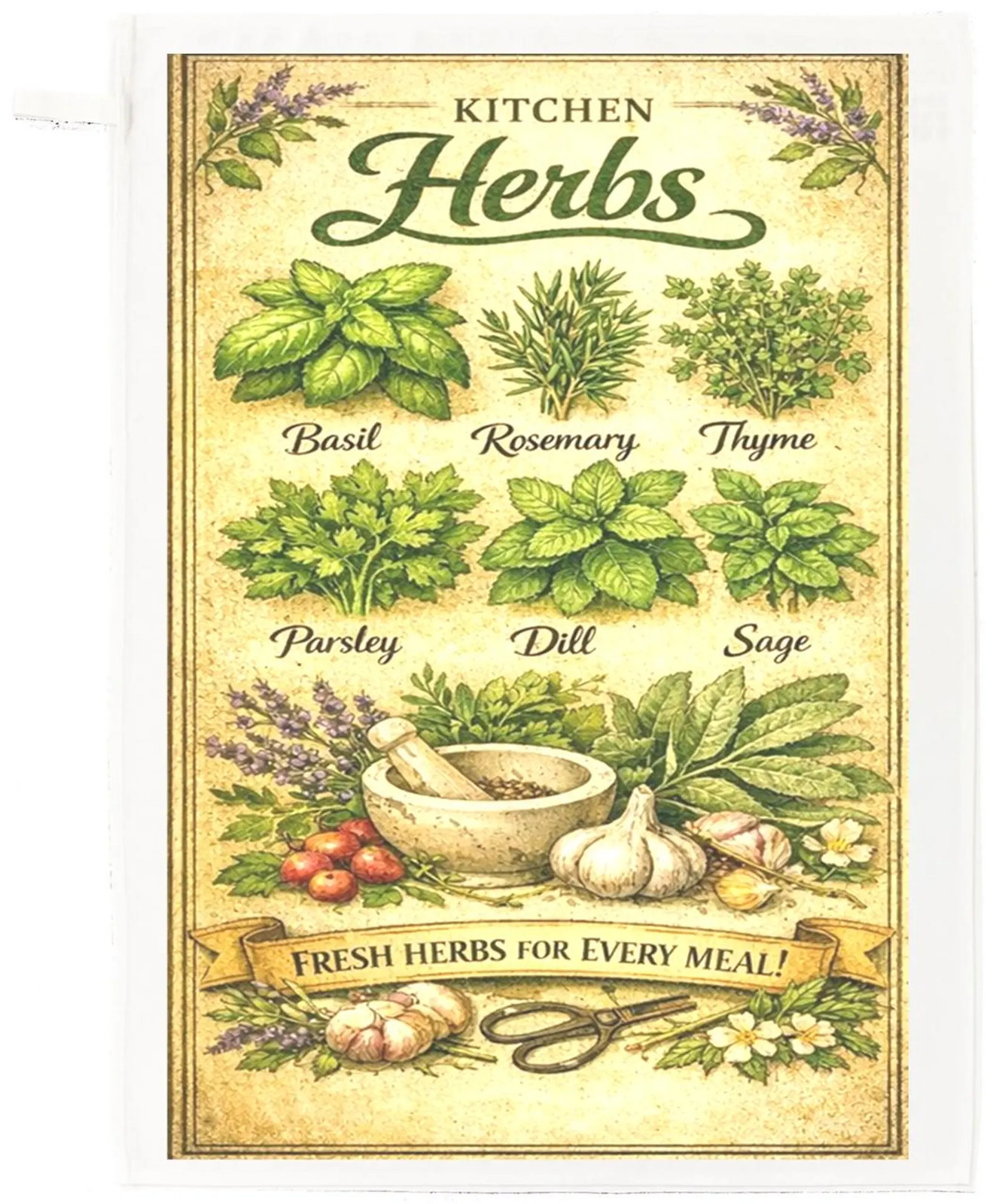 Types of kitchen herbs cotton tea towel