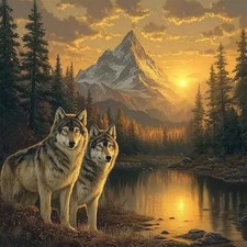 Mountain Forest Landscape Wolves Diamond Painting Kit 5D DIY Craft Home Decor
