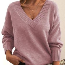 Women Long Sleeve Cozy Knitted Sweaters Ladies Knitwear V Neck Work Jumper Tops