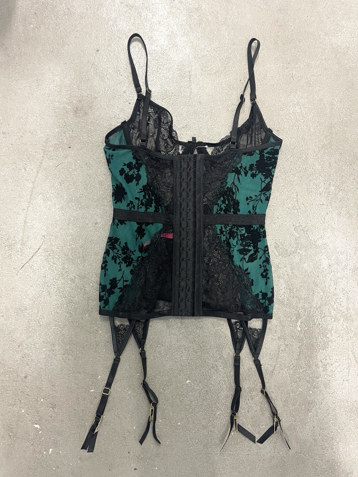 Seven Til Midnight Black Green Floral Garter Chemise Lingerie Mesh Sexy Bustier