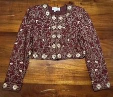Laurence Kazar Petites Burgundy Gold Silk Beaded Jacket Lined Hook & Eye Sz PS