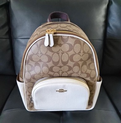 Coach Signature Logo Small Backpack Brown/White, Gold Hardware, Zip Closure