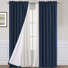 96" Linen Light Filtering Curtains - Navy White Bundle