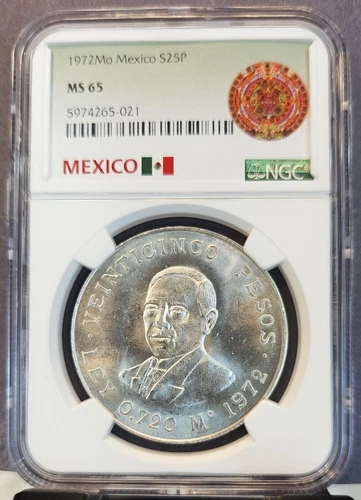 1972 MEXICO SILVER 25 PESOS S25P BENITO JUAREZ NGC MS 65 BEAUTIFUL GEM BU