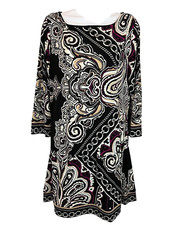 WHBM Black Paisley Print 3/4-Sleeve Flounce Jersey Dress Size M Shift Dress