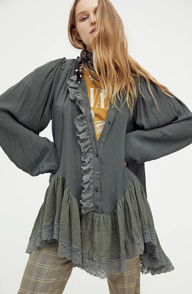 Free People Жанетт, Винтажный романтический топ-туника в викторианском стиле с кружевными оборками XS $128