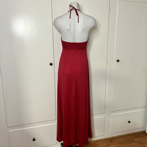 Vintage 70s Roberta California Red Crochet Lace Cut Out Halter Maxi Dress - Picture 4 of 6