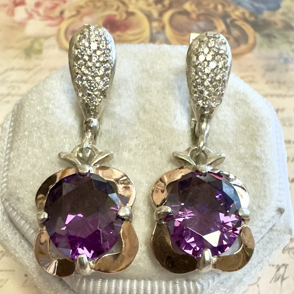 Dramáticos pendientes de plata 925 y oro de 10 k púrpura circonita cúbica de Europa del Este #1185 Foto 4 de 4