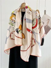 Horse Rider Print Pure Twill Silk Wrap Scarf Bandana Large Shawl Kerchief 53"