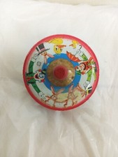 VINTAGE J CHEIN CO CIRCUS TIN SPINNING TOP TOY WOOD HANDLE duck CLOWN bunny
