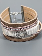 Boho Western Brown Beige Faux Leather Crystal Heart Multi Strand Bracelet 9 in