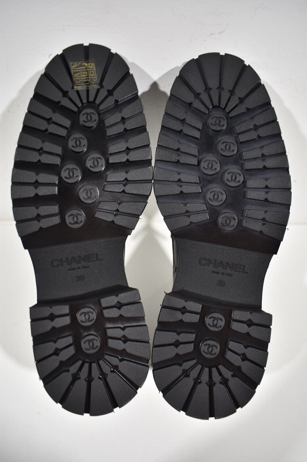 Chanel 23A Black Calfskin Leather Quilted CC Gold Logo Flat Platform Loafer  39